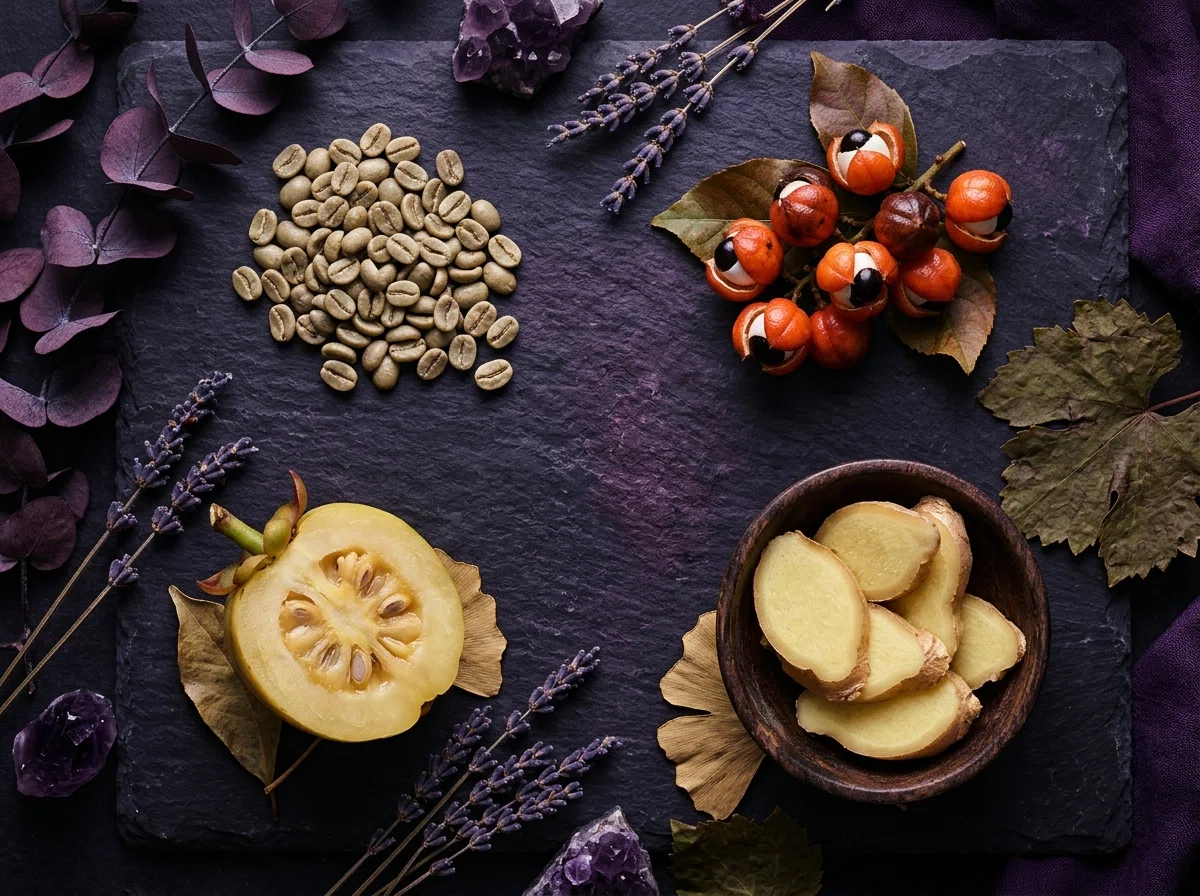 Green coffee beans, garcinia cambogia, guarana berries and ginger root flat lay